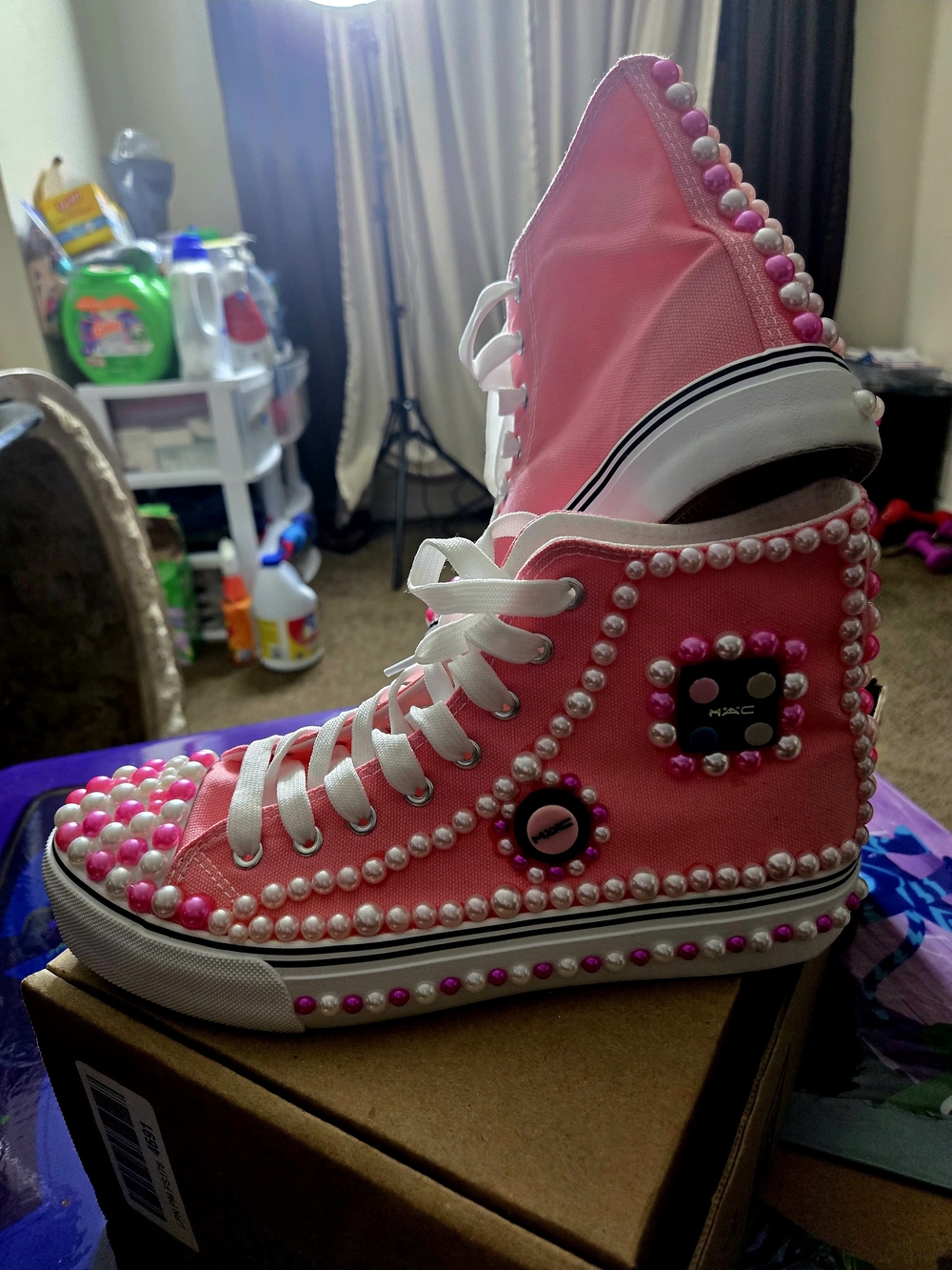 Pink Pearl-Embellished High-Top Women's Sneakers